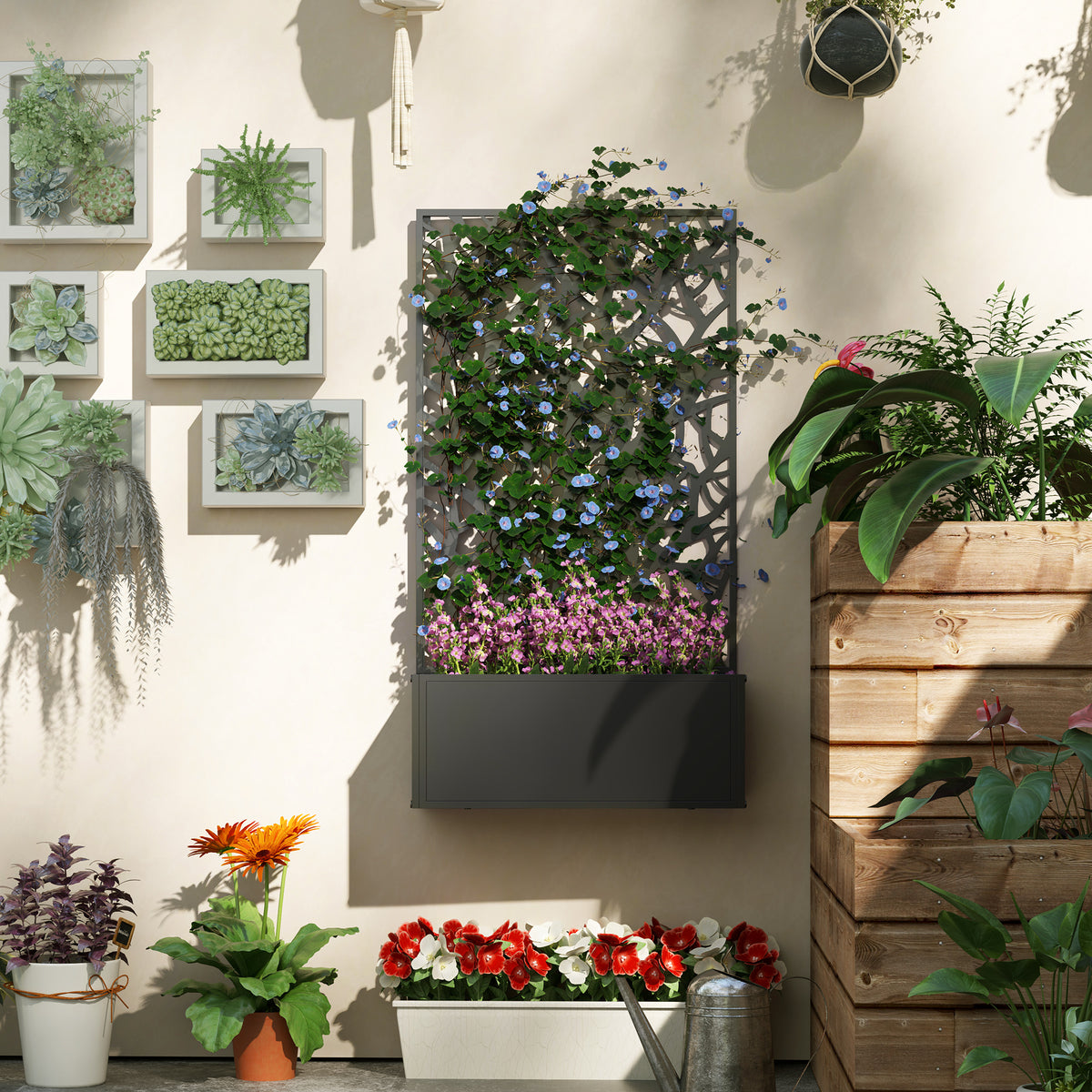 Metal Raised Garden Bed with Privacy Panel, Freestanding or Wall Mounted Outdoor Planter Box for Garden, Patio