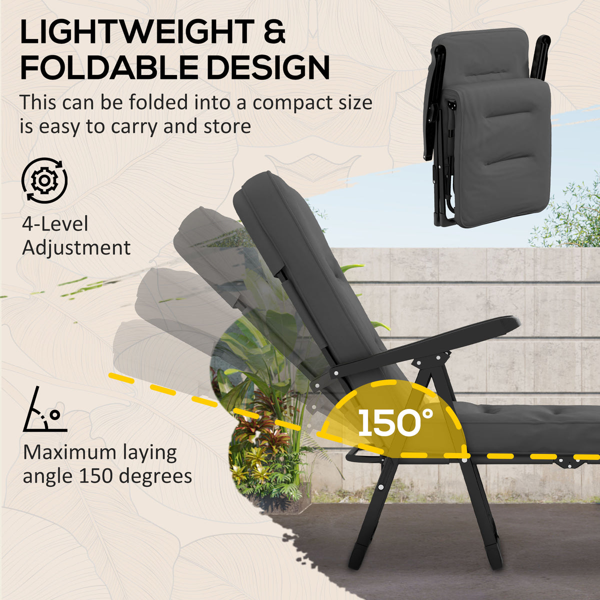Outdoor Lounge Chair with Padded Cushion, Folding Reclining Patio Garden Chair with Recline Back, Footrest – view 11
