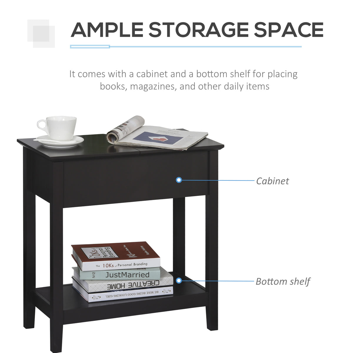 End Side Table in Flip Top Design with Cabinet and Bottom Shelf, Storage Furniture Decoration for Bedroom Living Room Office, Dark Coffee