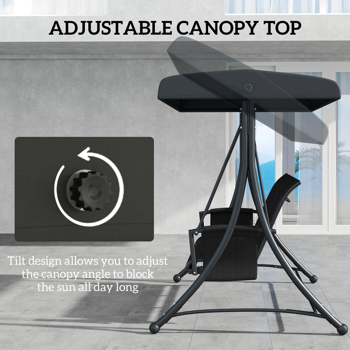 3 Person Porch Swing Outdoor Swing Chair with High Back Design, Side Pouches and Adjustable Canopy, Brown – view 17
