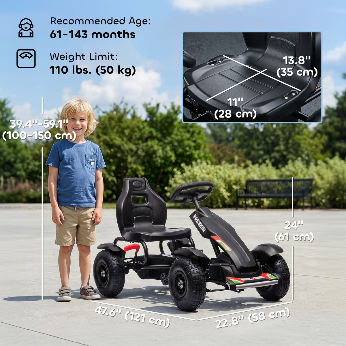 Aosom Pedal Go Kart for Kids, Pedal Car with Adjustable Bucket, Handbrake, 4 Rubber Wheels Powered Ride