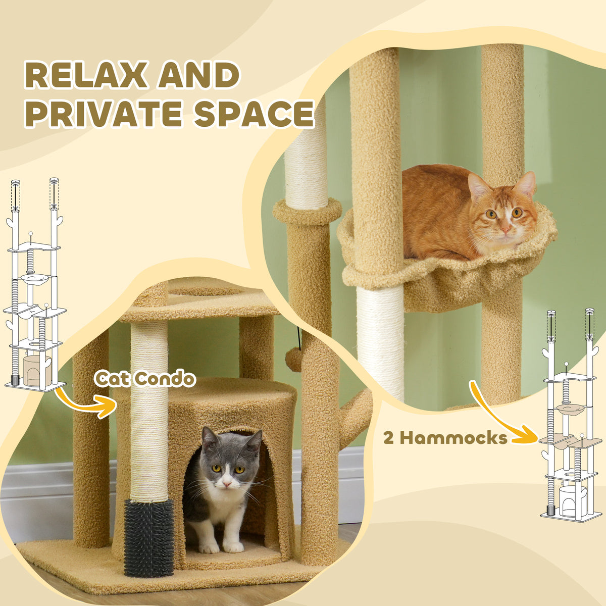 89"-100" Floor to Ceiling Cat Tree Cat Tower for Large Cats w/ Scratching Posts, Grooming Brush Post, Cat Condo, Brown