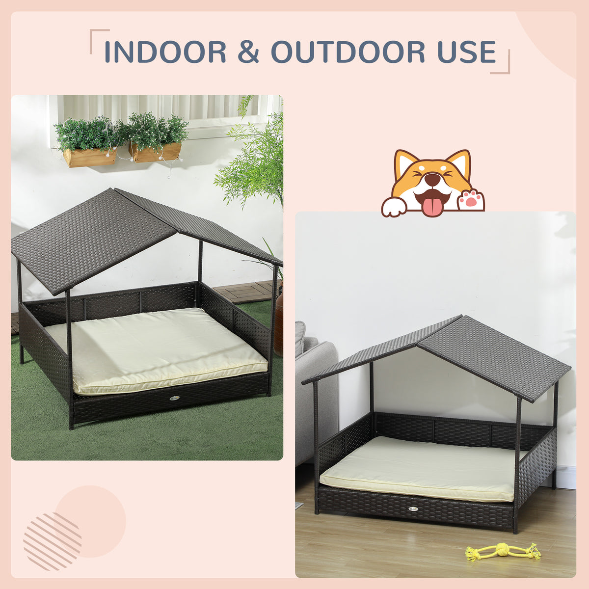 Rattan Dog House with Canopy, Wicker Dog Bed with Water-Resistant Cushion, for Small and Medium Breeds Blue – view 10