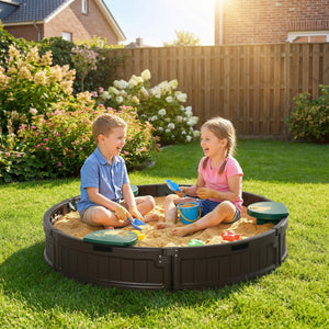 Kids Sandbox with Cover, Seat, Sandbox Outdoor for Backyard, Brown