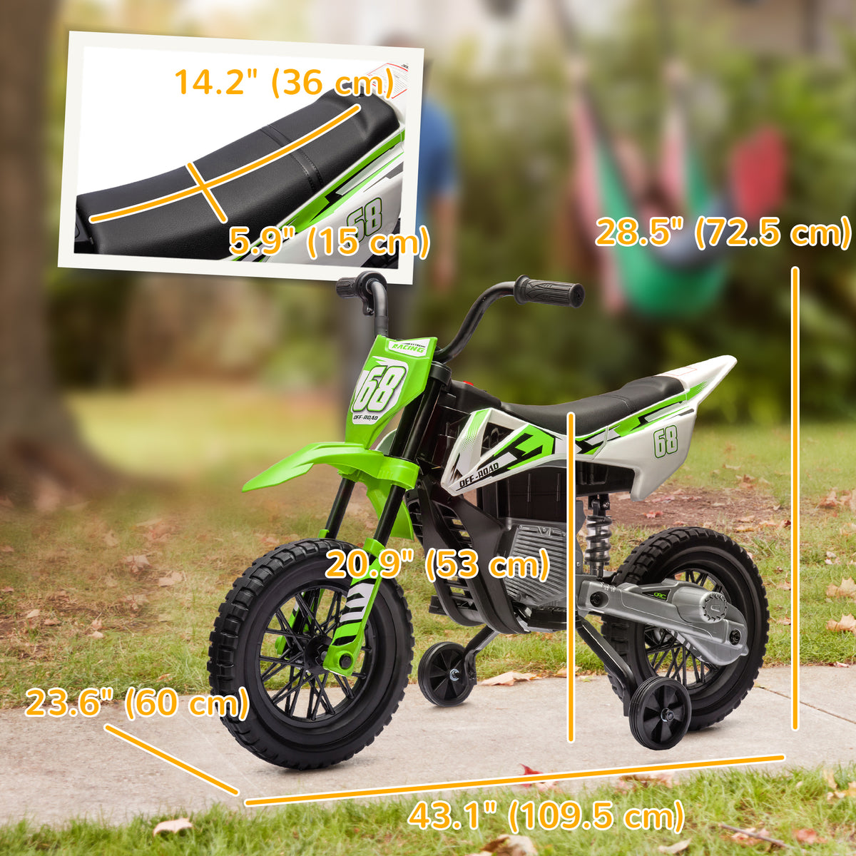 Qaba 12V Kids Dirt Bike, Electric Motorcycle with Twist Grip Throttle, Training Wheels, Rear Suspension & Music