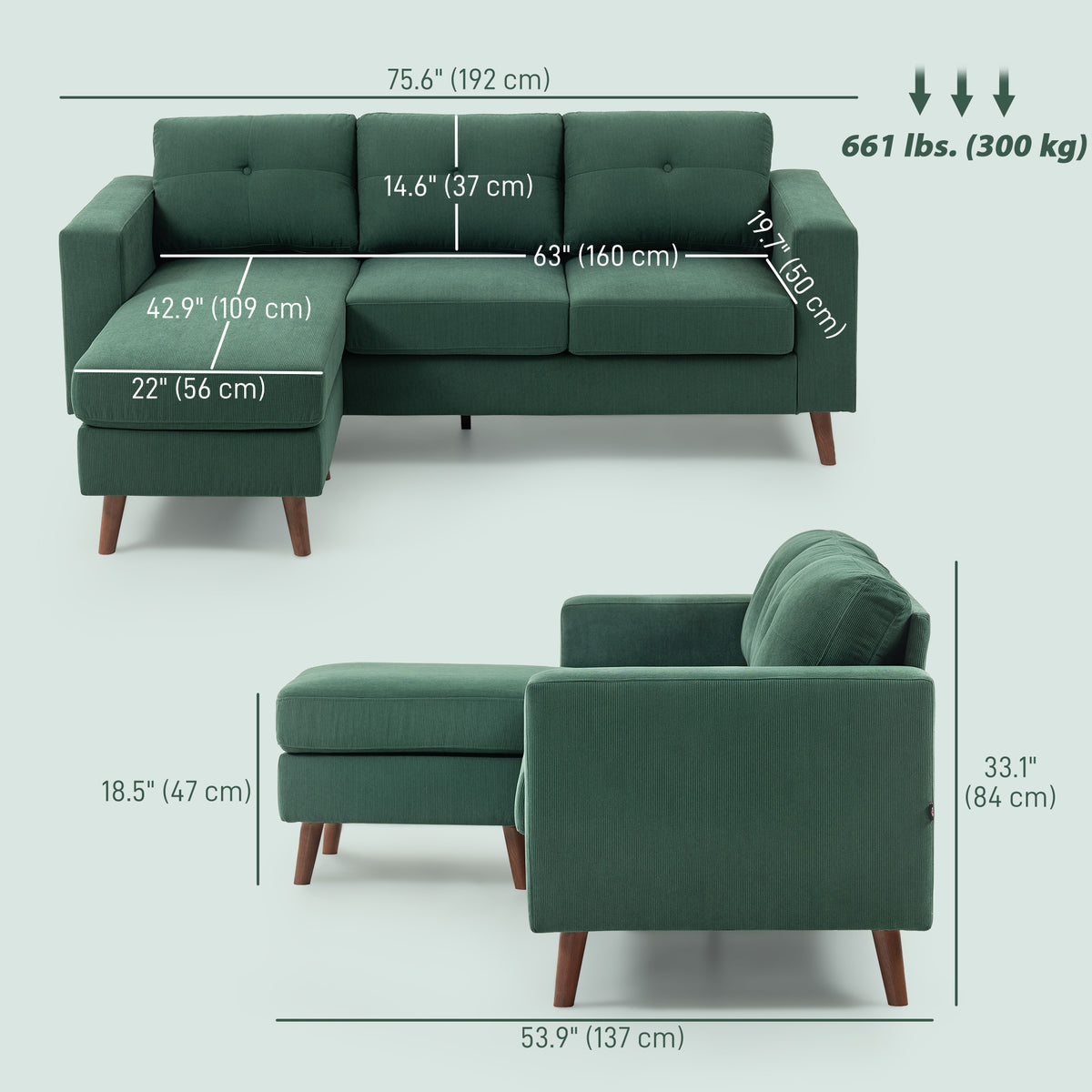 Sectional Sofa with Changeable Chaise Lounge, 3 Seat L-Shaped Small Space Sofa – view 16