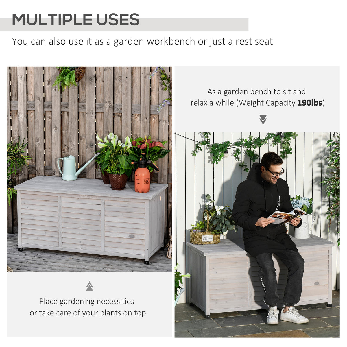 75 Gallon Wooden Storage Box patio Deck Box Bench, Garden Backyard Outdoor Storage Container with Aerating – view 5