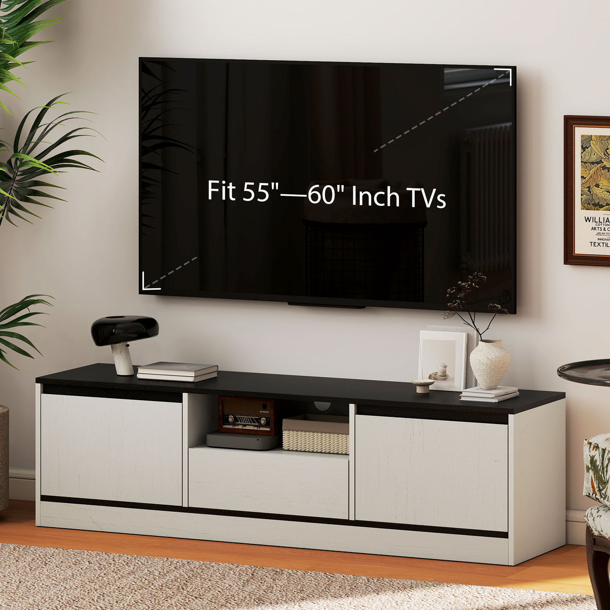 TV Stand for 55-60 Inch TV,  Entertainment Center w/ Cabinets, Shelf, Drawer and Cable Management for Living Room, White