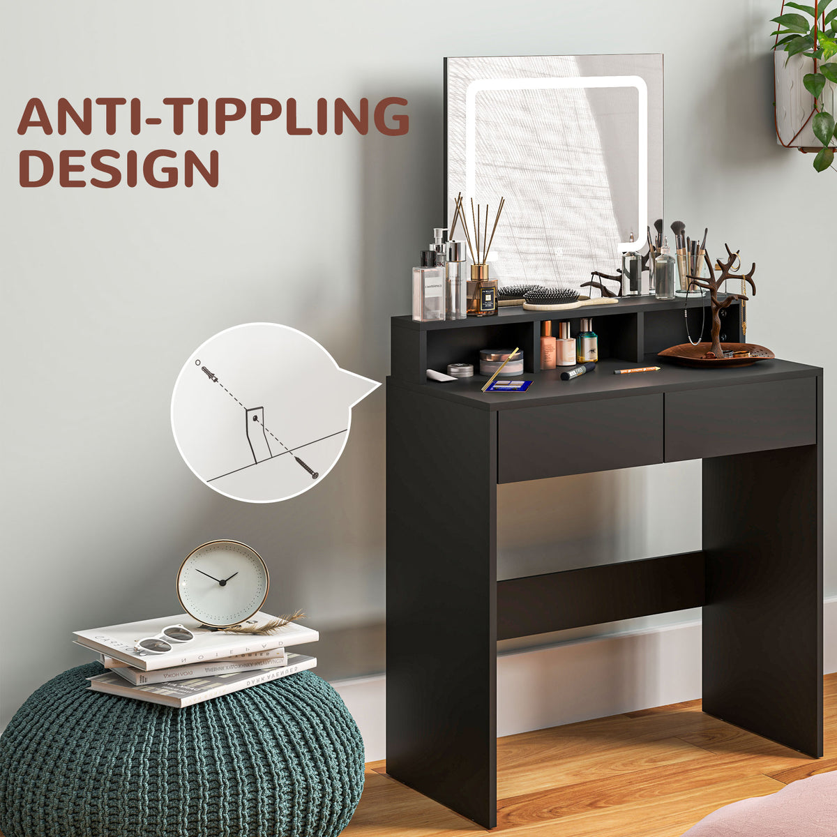 Makeup Vanity Desk with Mirror and LED Lights, for Bedroom, Modern Dressing Table with Drawers, Compartments, Black