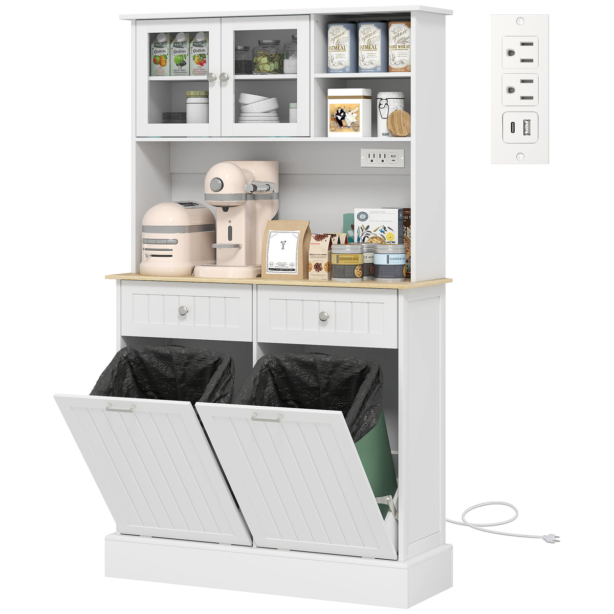 Kitchen Cabinet with Charging Station, 2 Tilt Out Cabinets, Microwave Stand – view 15