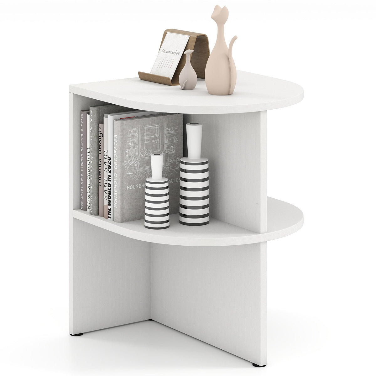 Half Round End Table with Open Shelves for Small Space-White