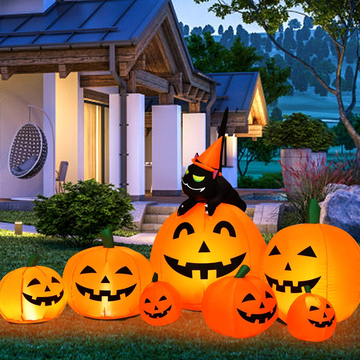 Halloween 7.5 Feet Inflatable Pumpkin Combo with Witch Black Cat view 2