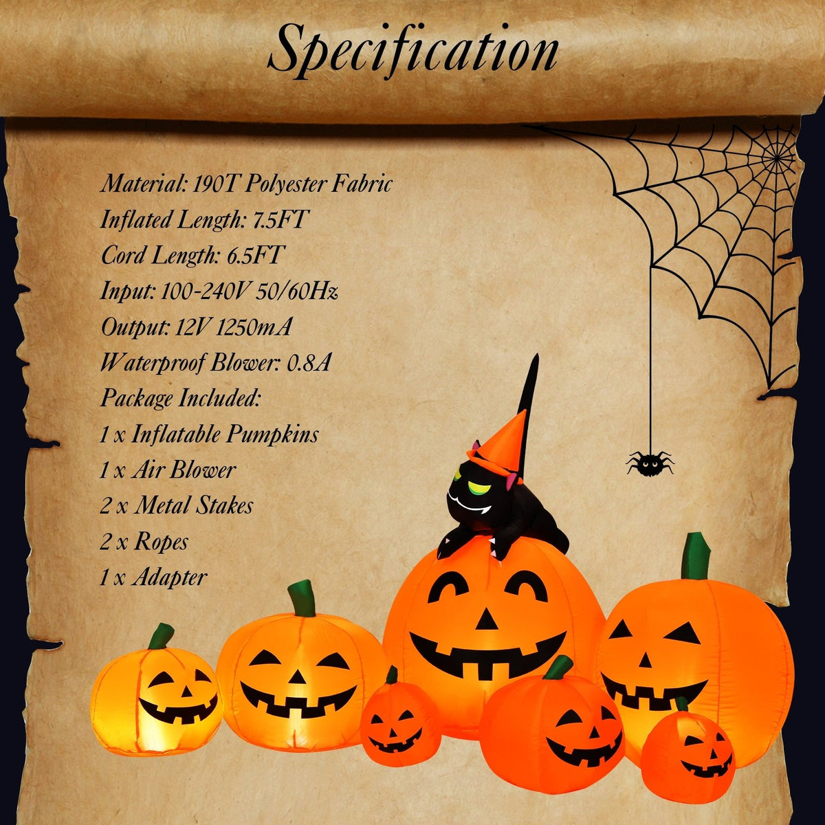 Halloween 7.5 Feet Inflatable Pumpkin Combo with Witch Black Cat view 4