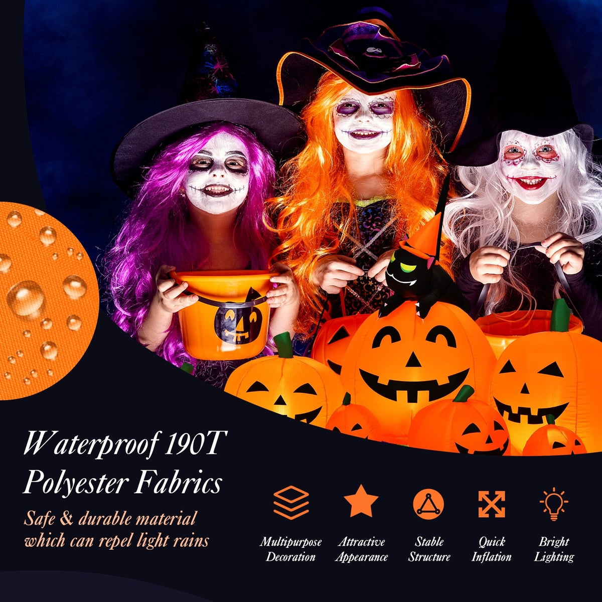 Halloween 7.5 Feet Inflatable Pumpkin Combo with Witch Black Cat view 5