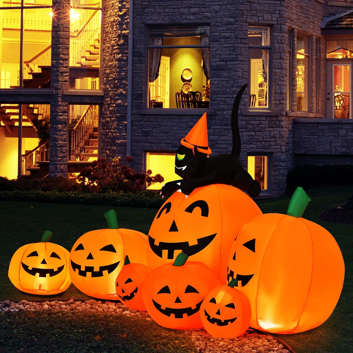 Halloween 7.5 Feet Inflatable Pumpkin Combo with Witch Black Cat view 6