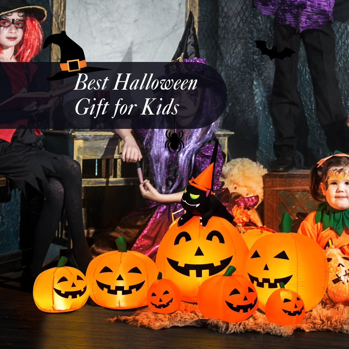 Halloween 7.5 Feet Inflatable Pumpkin Combo with Witch Black Cat view 8