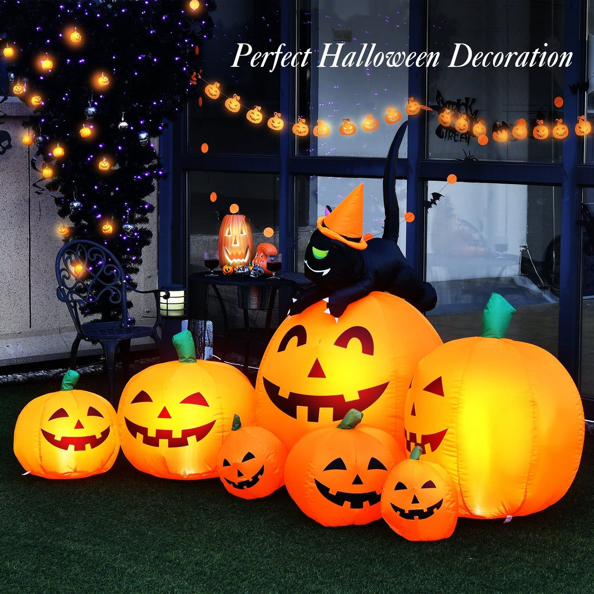 Halloween 7.5 Feet Inflatable Pumpkin Combo with Witch Black Cat view 9