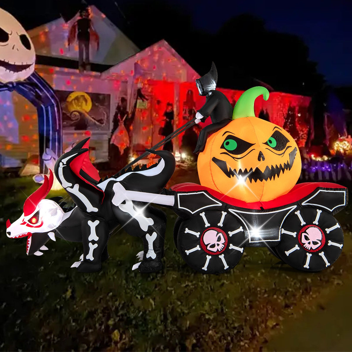 Halloween Inflatable LED Lighted Carriage with Pumpkin and Skeleton Dragon view 2