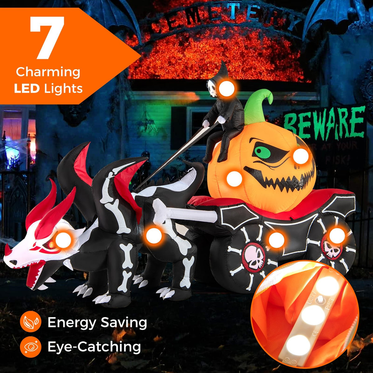 Halloween Inflatable LED Lighted Carriage with Pumpkin and Skeleton Dragon view 5