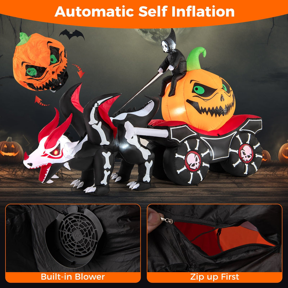 Halloween Inflatable LED Lighted Carriage with Pumpkin and Skeleton Dragon view 7
