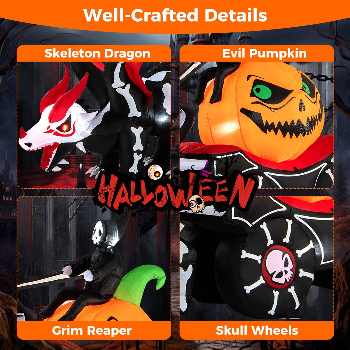 Halloween Inflatable LED Lighted Carriage with Pumpkin and Skeleton Dragon view 9