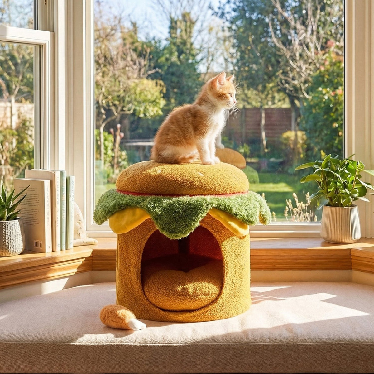 Hamburger Cat Nest with Chicken Drumstick Toy and Removable Cushion for Indoor Cats-Yellow view 2