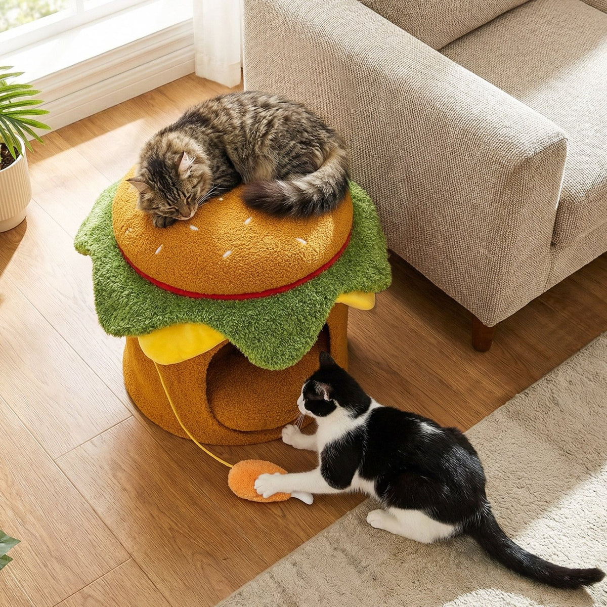 Hamburger Cat Nest with Chicken Drumstick Toy and Removable Cushion for Indoor Cats-Yellow view 3