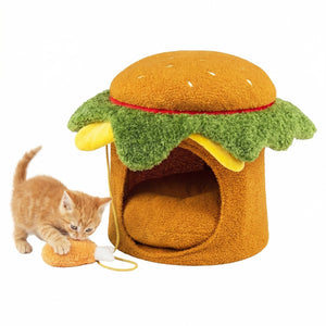 Hamburger Cat Nest with Chicken Drumstick Toy and Removable Cushion for Indoor Cats-Yellow view 4
