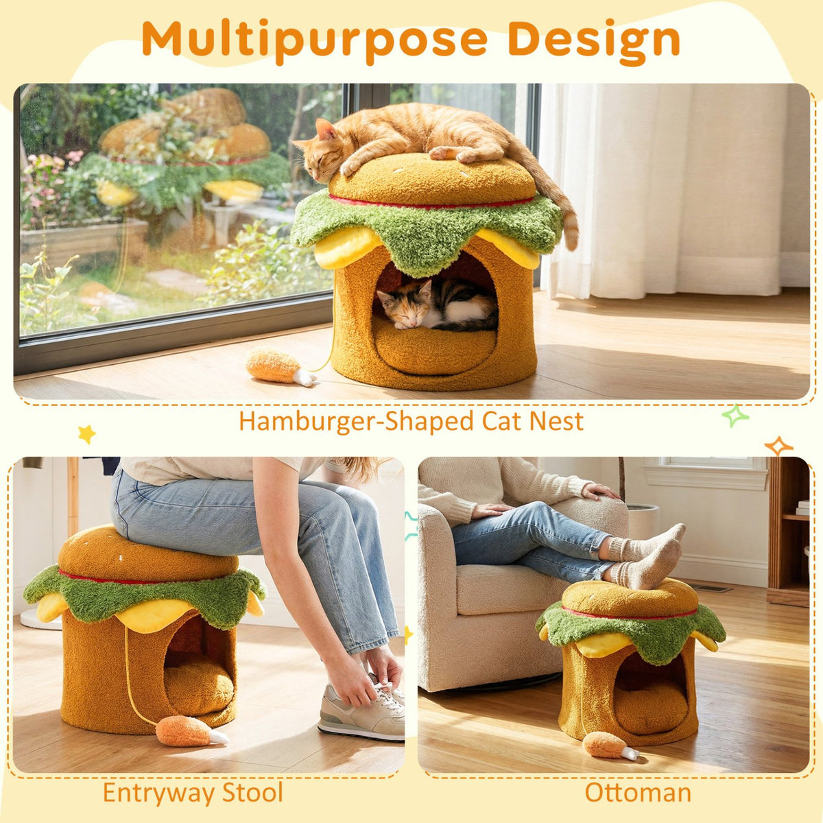 Hamburger Cat Nest with Chicken Drumstick Toy and Removable Cushion for Indoor Cats-Yellow view 7