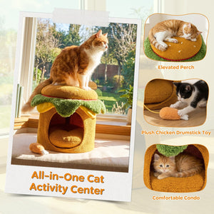 Hamburger Cat Nest with Chicken Drumstick Toy and Removable Cushion for Indoor Cats-Yellow view 9