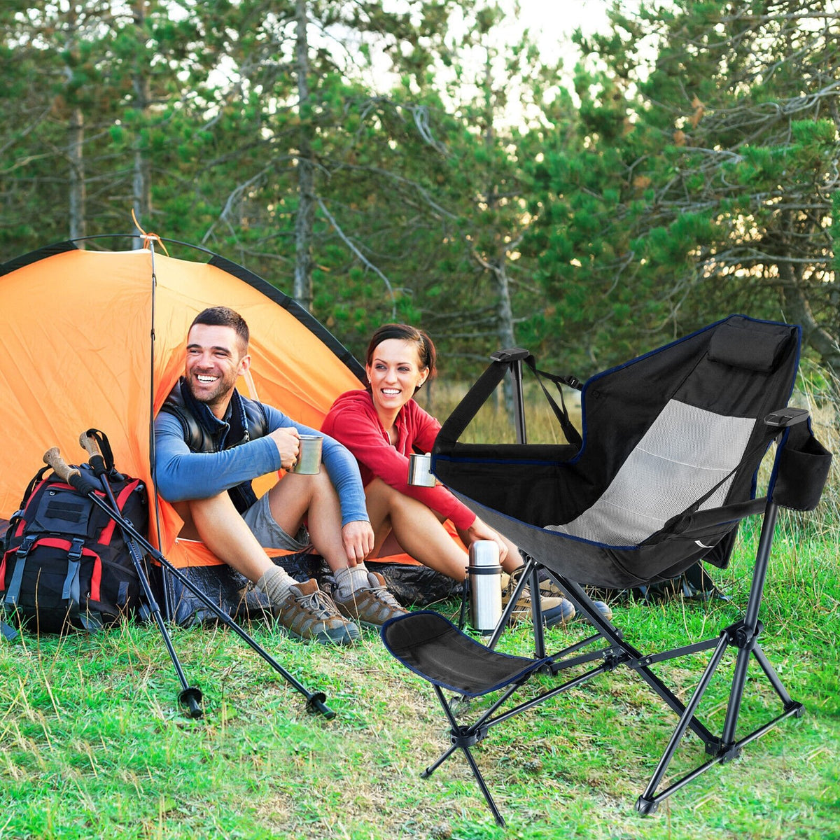 Hammock Camping Chair with Retractable Footrest and Carrying Bag-Black view 2