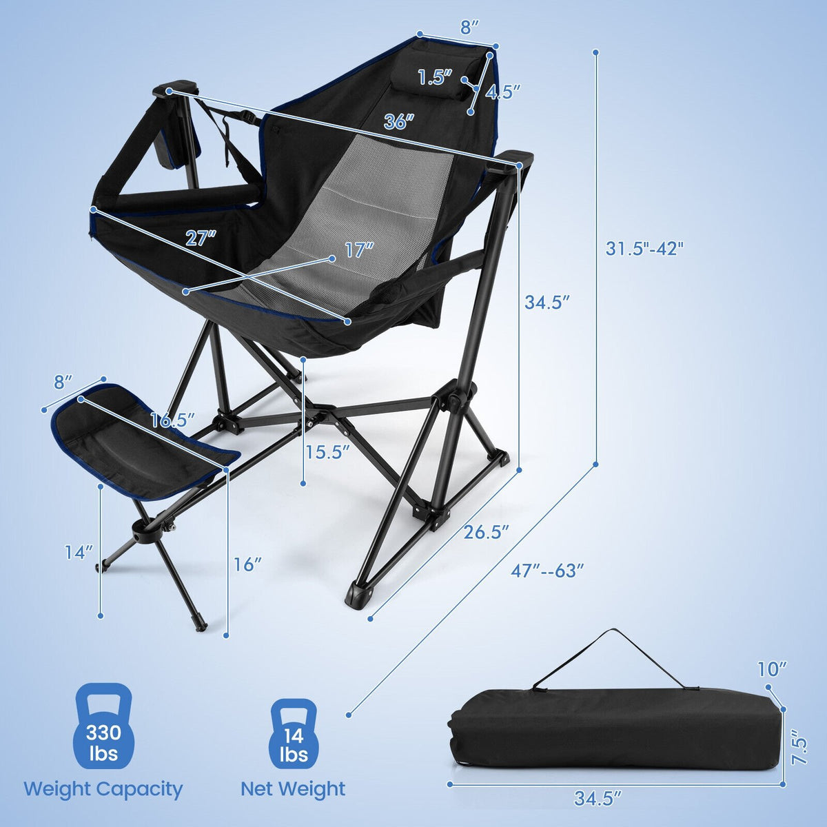 Hammock Camping Chair with Retractable Footrest and Carrying Bag-Black view 5