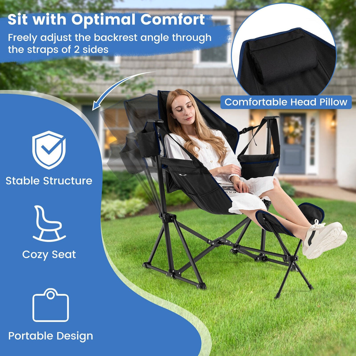 Hammock Camping Chair with Retractable Footrest and Carrying Bag-Black view 6