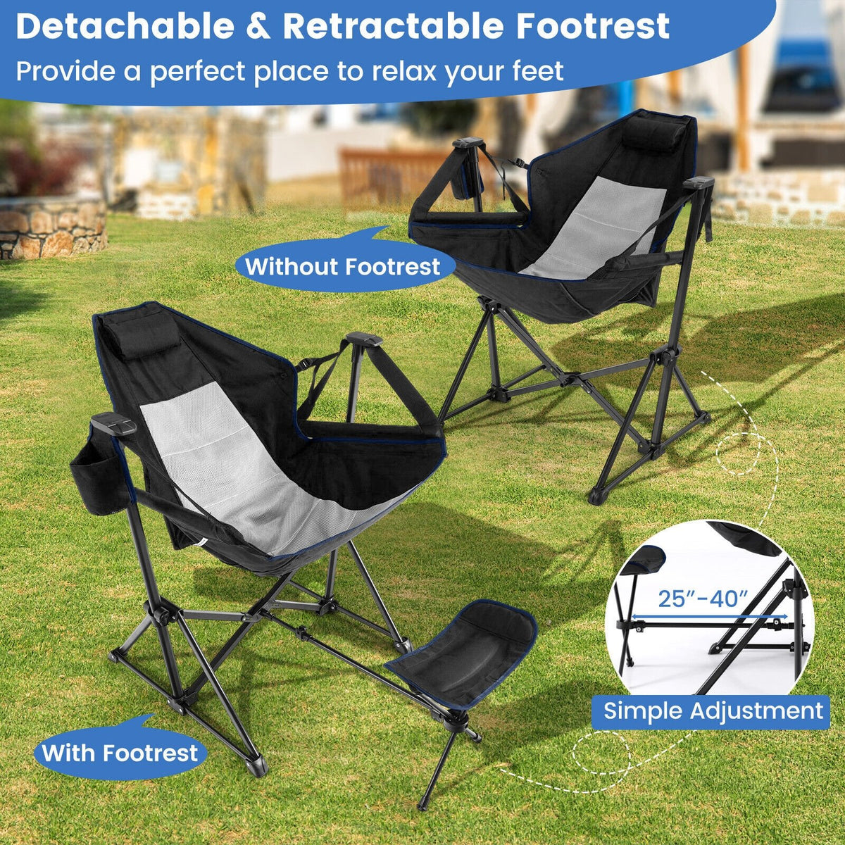Hammock Camping Chair with Retractable Footrest and Carrying Bag-Black view 8