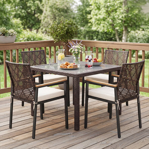 Hand-Woven PE Patio Dining Chairs Set of 4 with Acacia Wood Armrests for Yard-Beige view 2