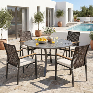 Hand-Woven PE Patio Dining Chairs Set of 4 with Acacia Wood Armrests for Yard-Beige view 3