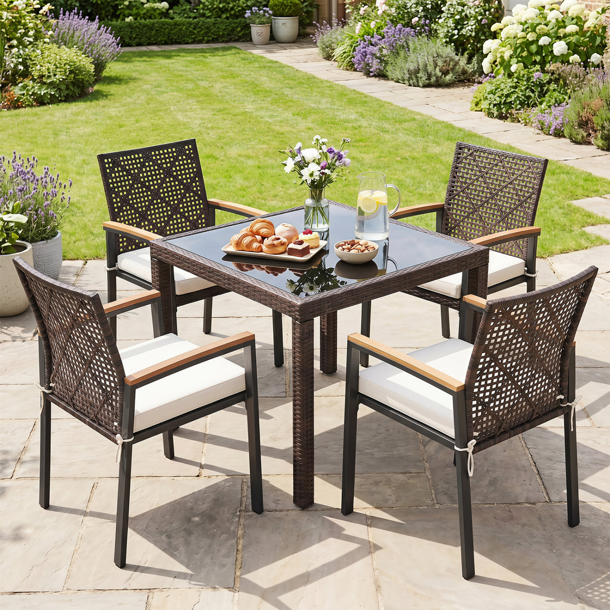 Hand-Woven PE Patio Dining Chairs Set of 4 with Acacia Wood Armrests for Yard-Beige view 6