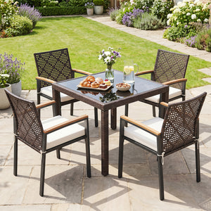 Hand-Woven PE Patio Dining Chairs Set of 4 with Acacia Wood Armrests for Yard-Beige view 6