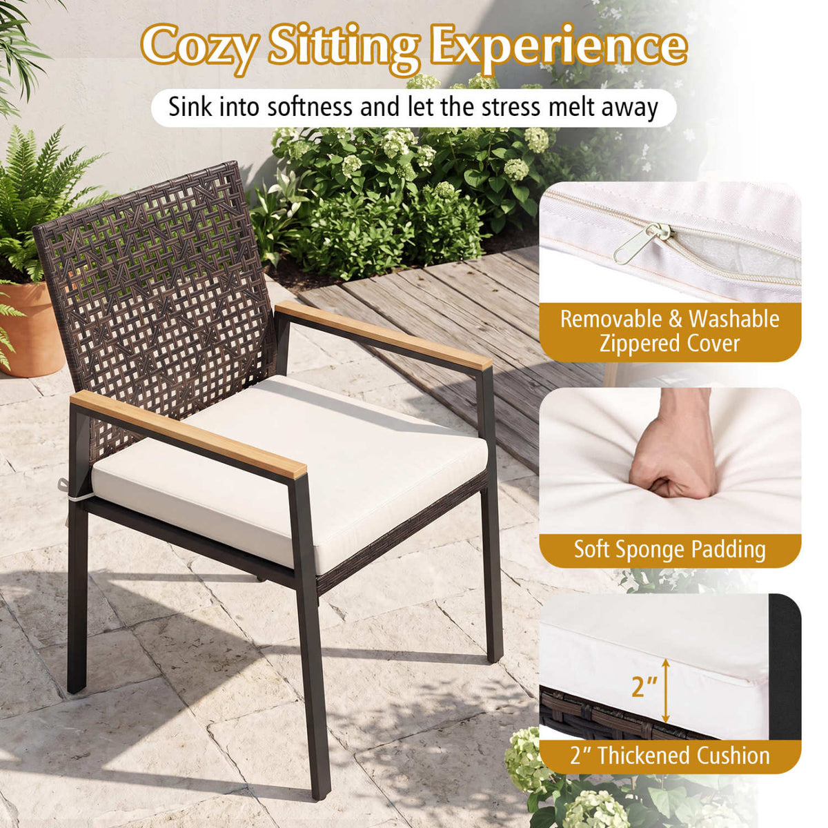 Hand-Woven PE Patio Dining Chairs Set of 4 with Acacia Wood Armrests for Yard-Beige view 7