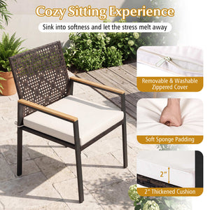 Hand-Woven PE Patio Dining Chairs Set of 4 with Acacia Wood Armrests for Yard-Beige view 7