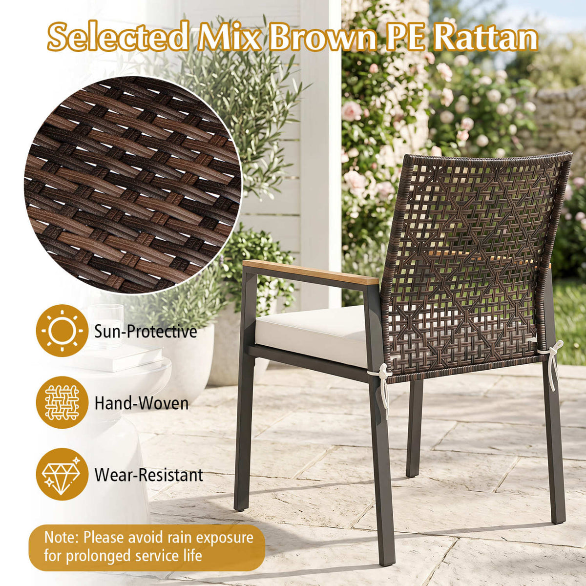Hand-Woven PE Patio Dining Chairs Set of 4 with Acacia Wood Armrests for Yard-Beige view 8