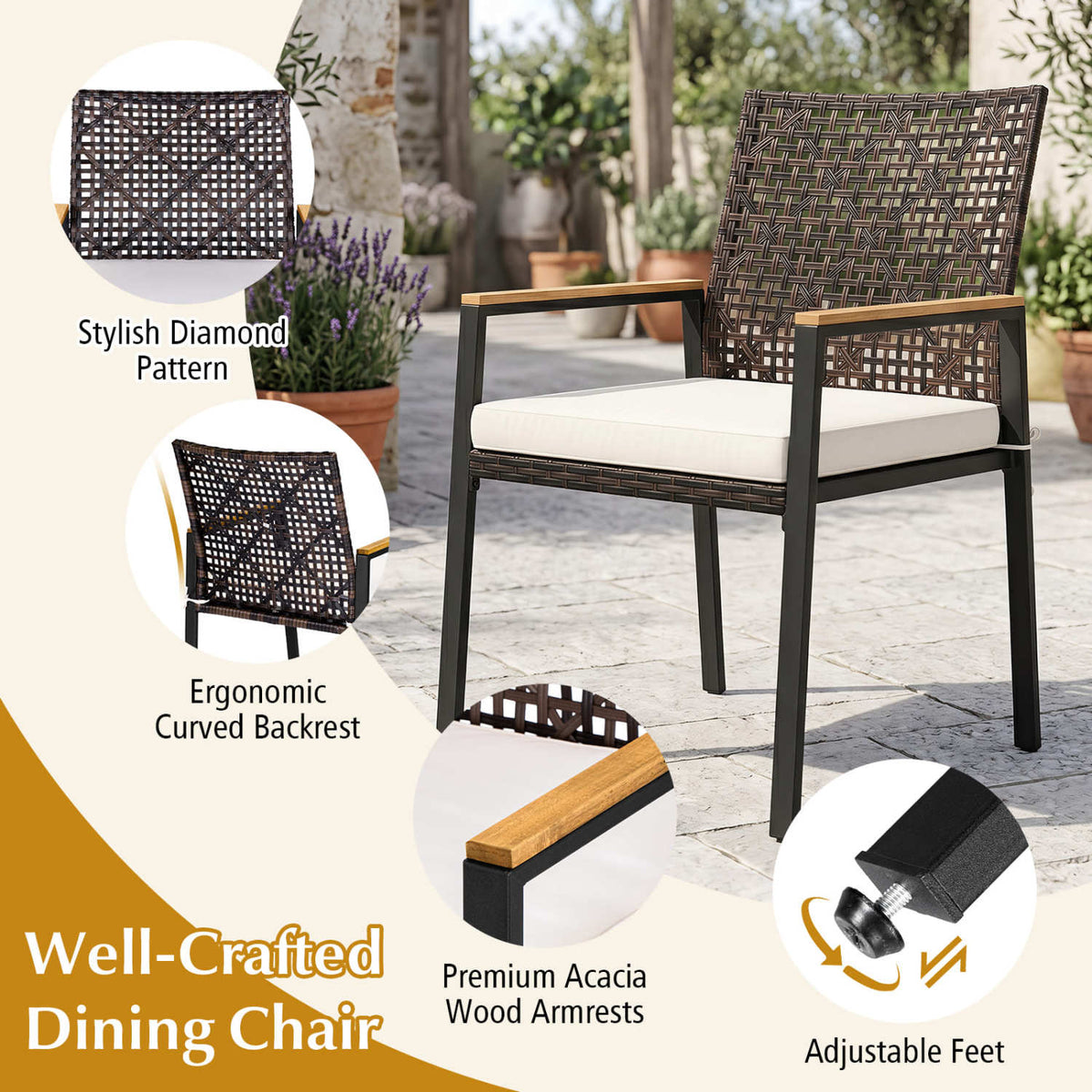 Hand-Woven PE Patio Dining Chairs Set of 4 with Acacia Wood Armrests for Yard-Beige view 9