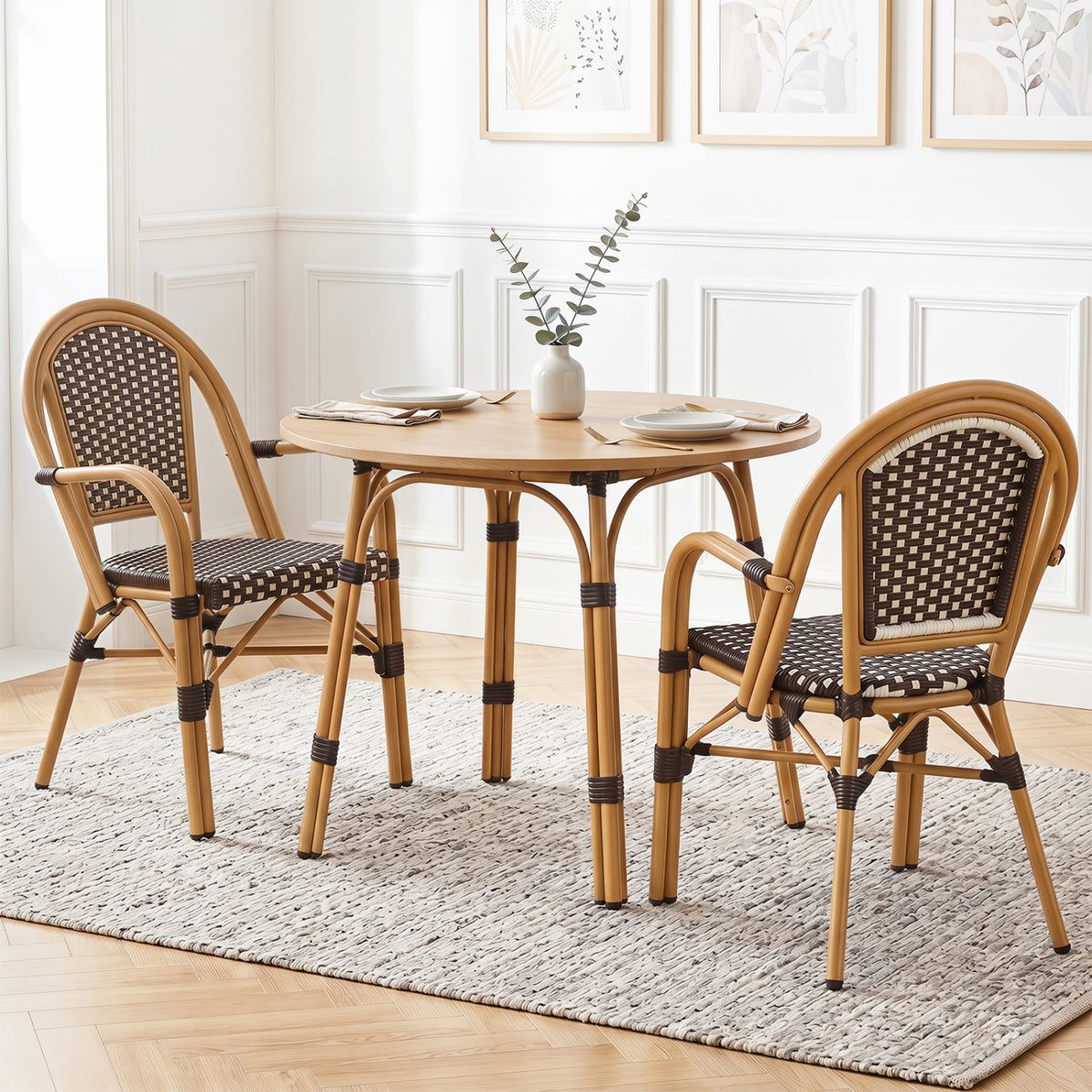 Hand-Woven PE Wicker Outdoor French Bistro Chairs Set of 2-Brown view 2