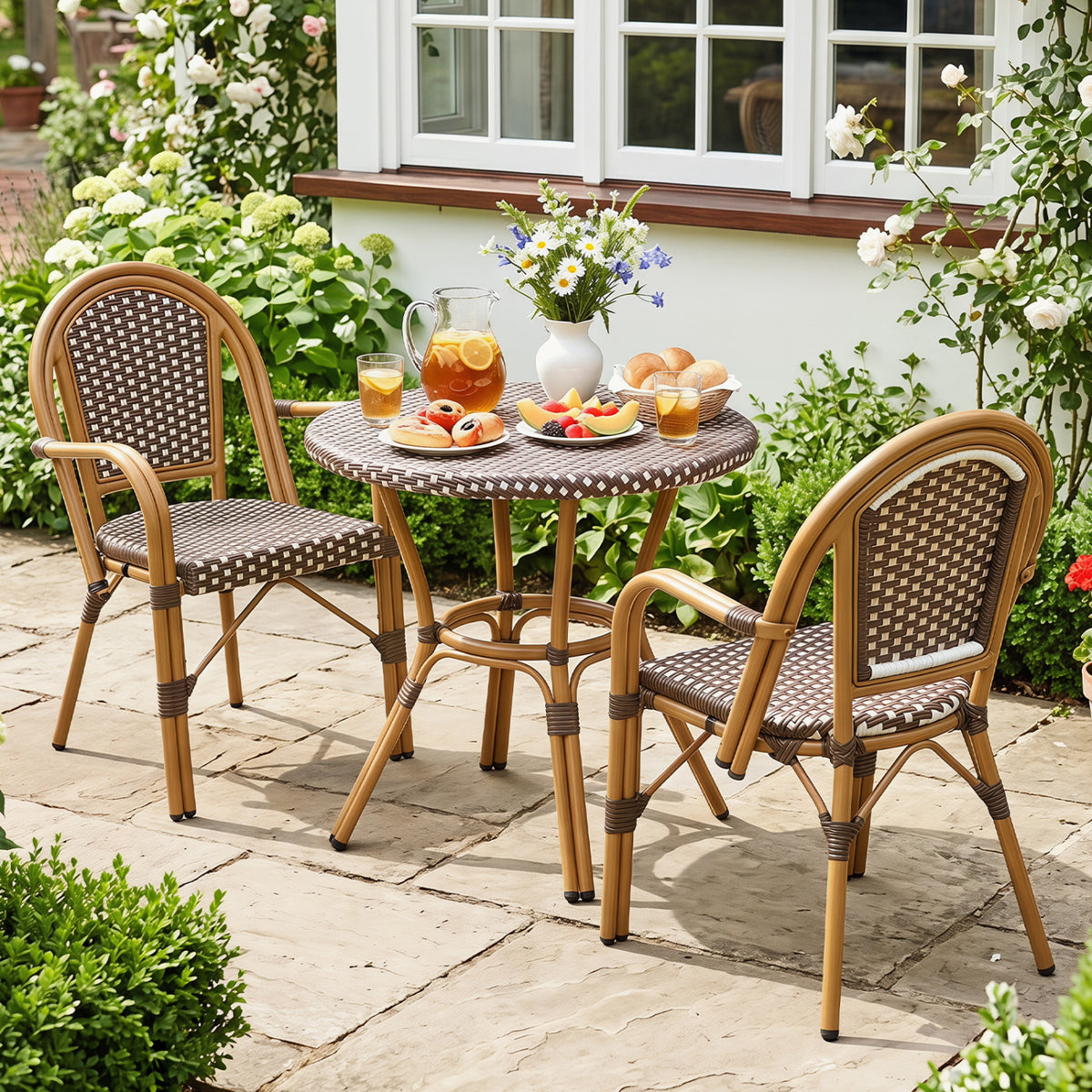 Hand-Woven PE Wicker Outdoor French Bistro Chairs Set of 2-Brown view 3