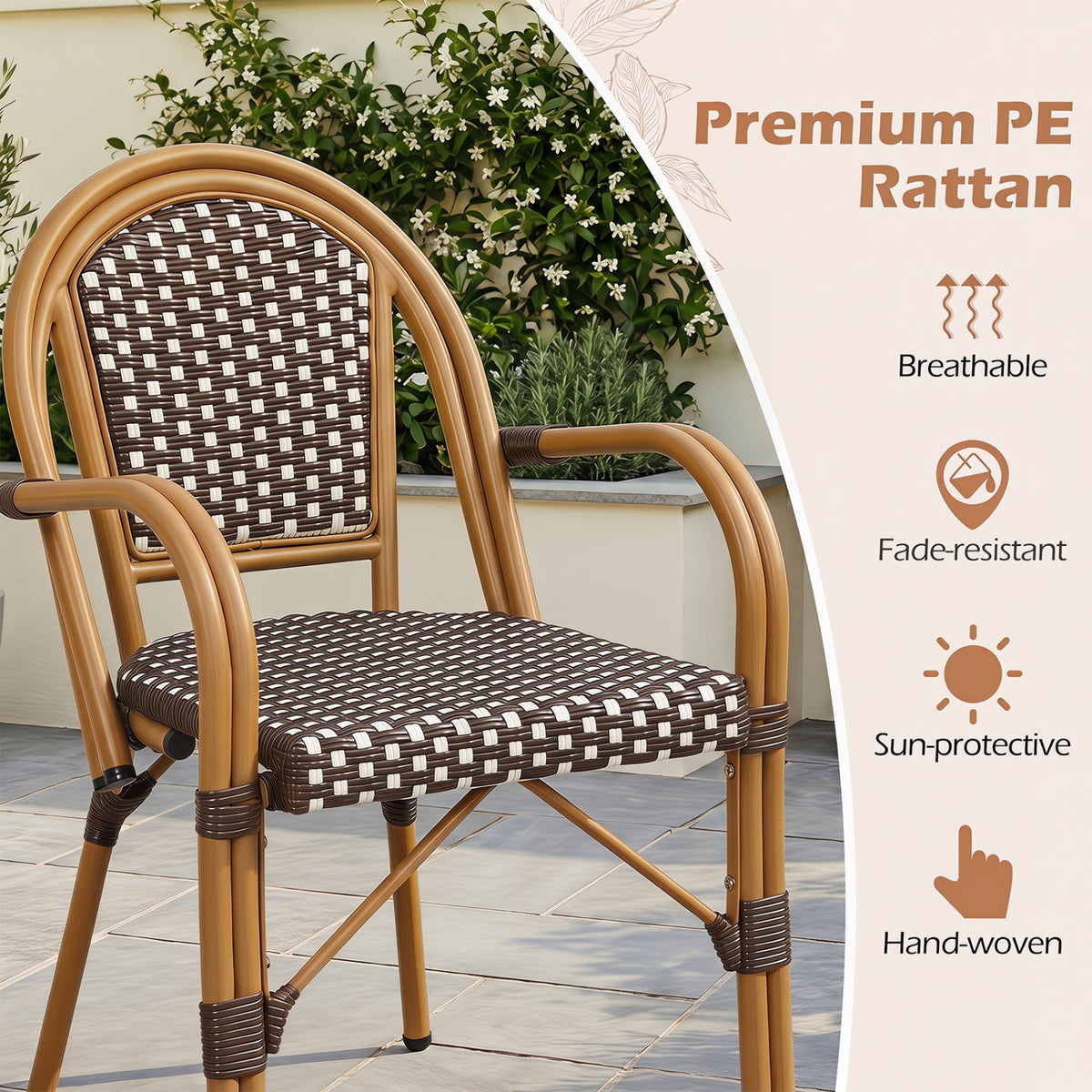 Hand-Woven PE Wicker Outdoor French Bistro Chairs Set of 2-Brown view 5