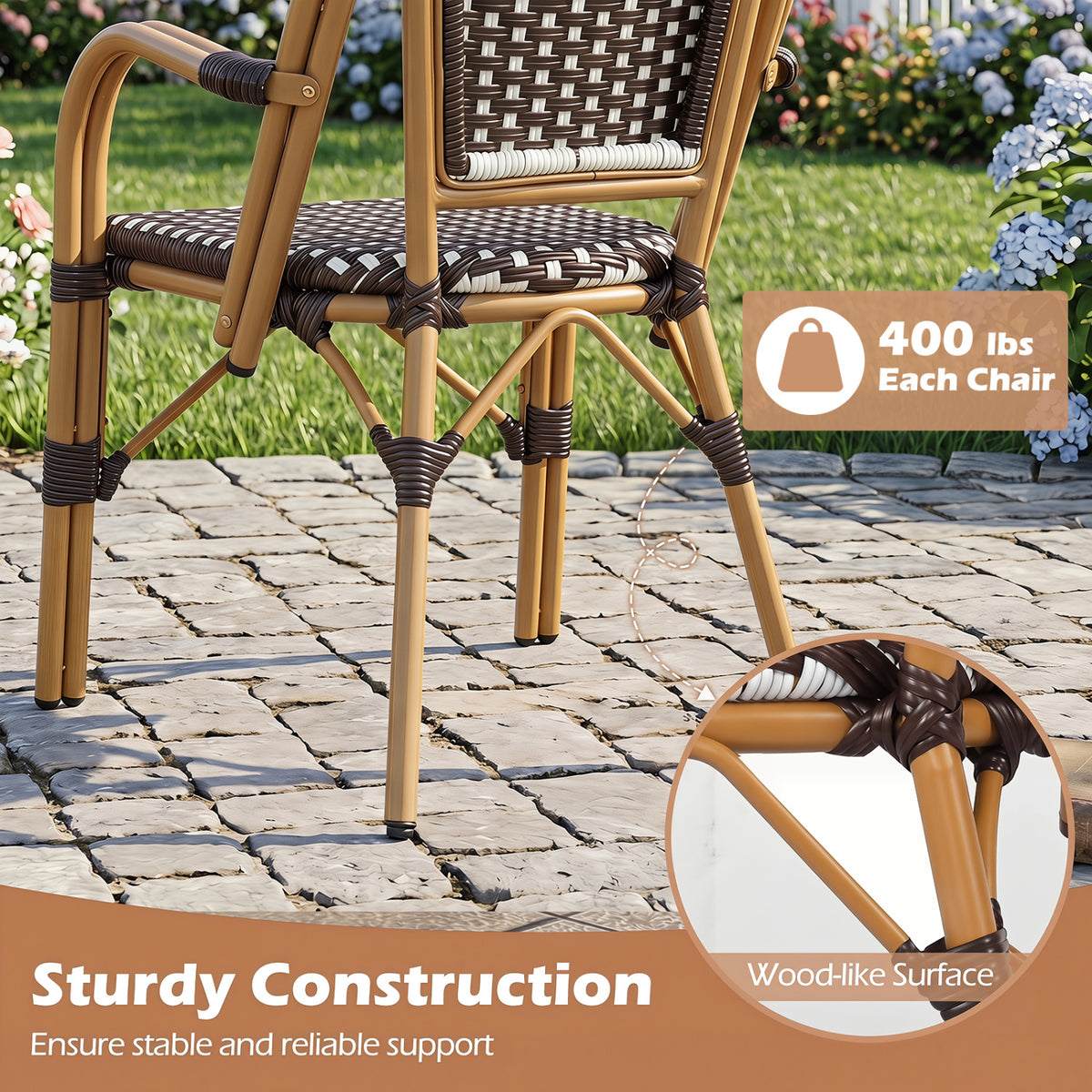 Hand-Woven PE Wicker Outdoor French Bistro Chairs Set of 2-Brown view 6