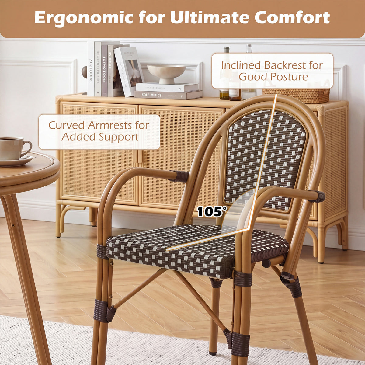 Hand-Woven PE Wicker Outdoor French Bistro Chairs Set of 2-Brown view 7