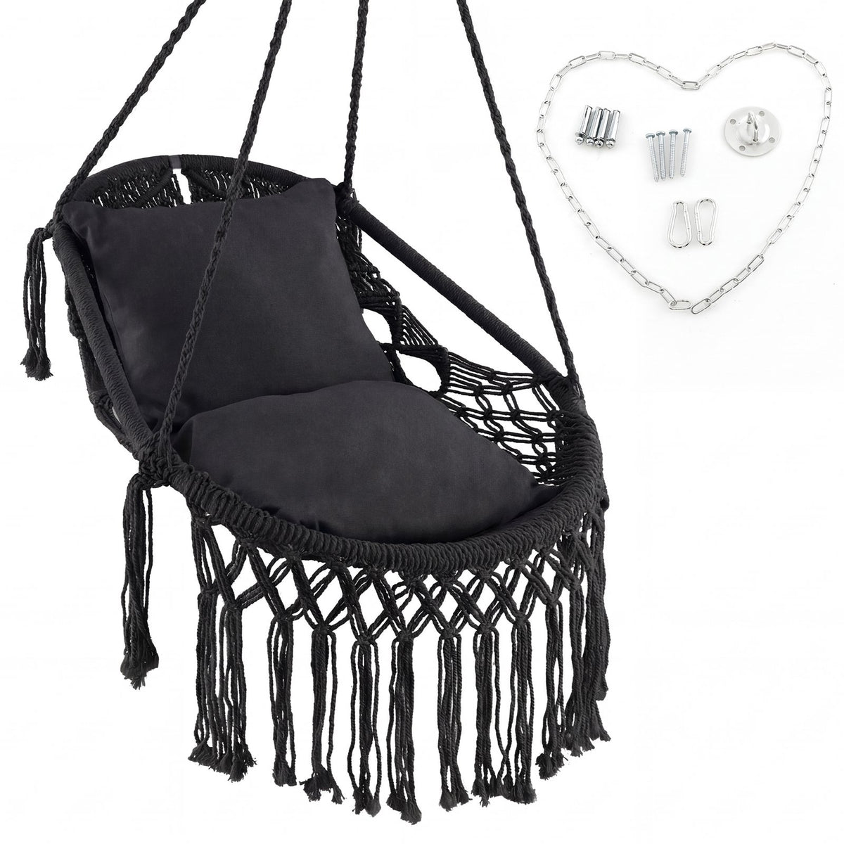 Hanging Hammock Chair with Soft Seat Cushions and Sturdy Rope Chain-Black