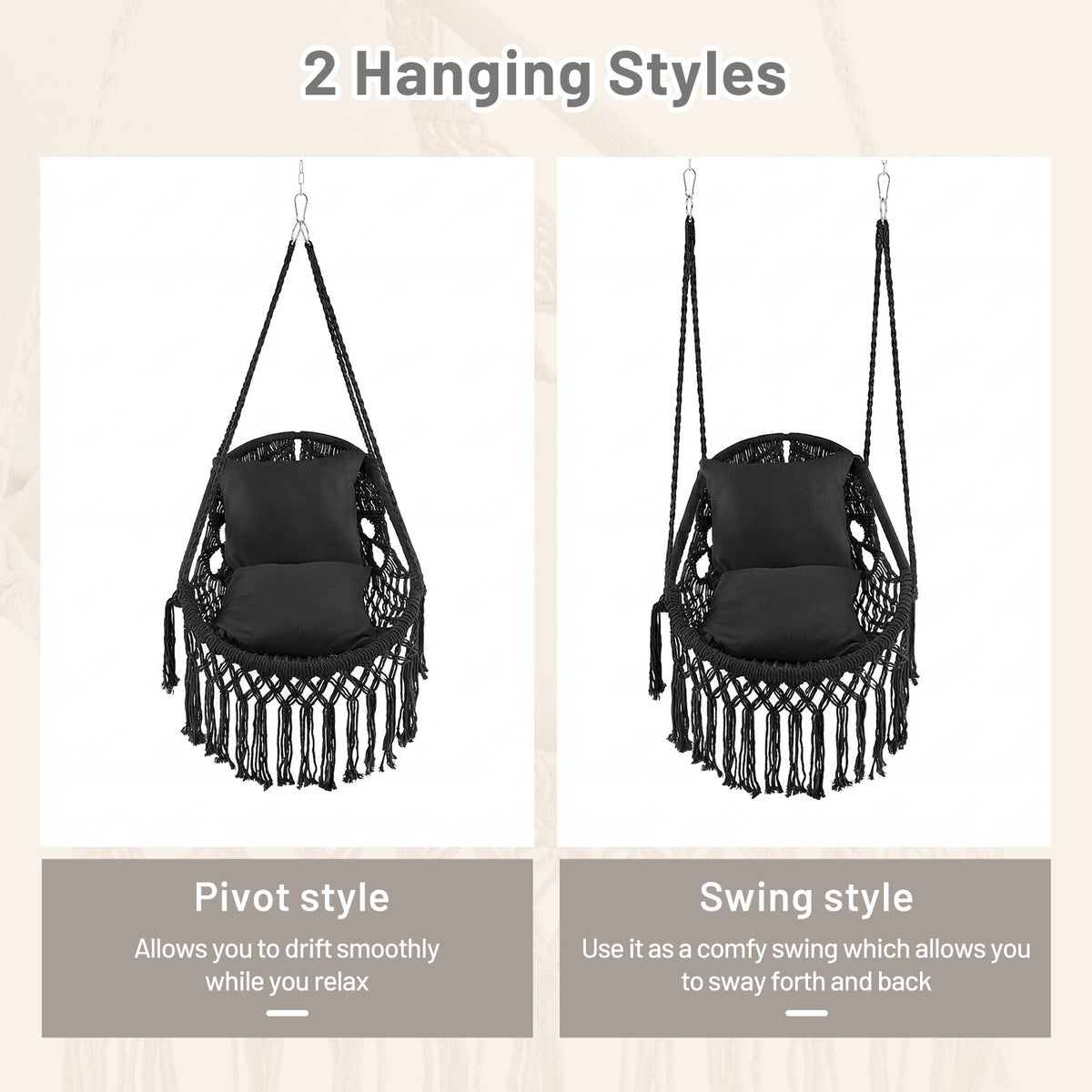 Hanging Hammock Chair with Soft Seat Cushions and Sturdy Rope Chain-Black view 5