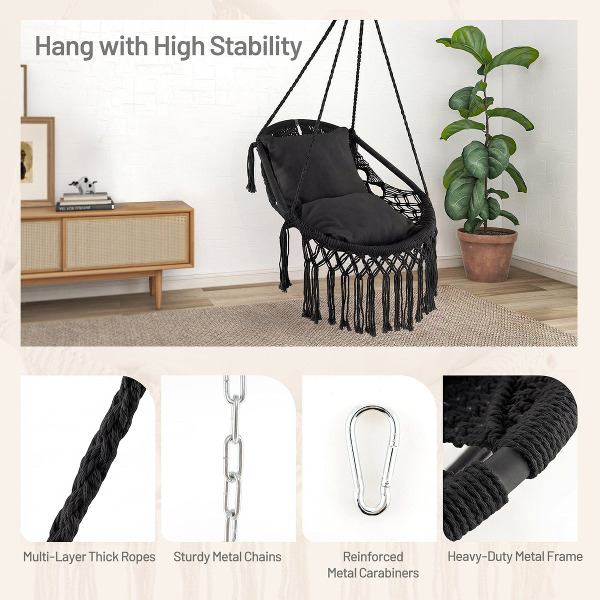 Hanging Hammock Chair with Soft Seat Cushions and Sturdy Rope Chain-Black view 6
